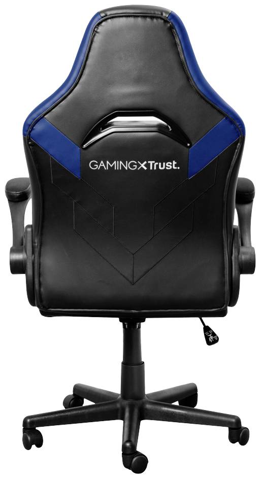 Černá herní židle s modrými akcenty a nápisem 'GAMING X Trust' na zadní straně, umístěná na otočné základně.