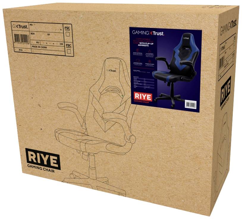 Kartonová krabice herního křesla značky GXT Trust. Samolepka zobrazuje obrázek křesla v modré a černé barvě. Obsahuje text 'RIYE Gaming Chair'.