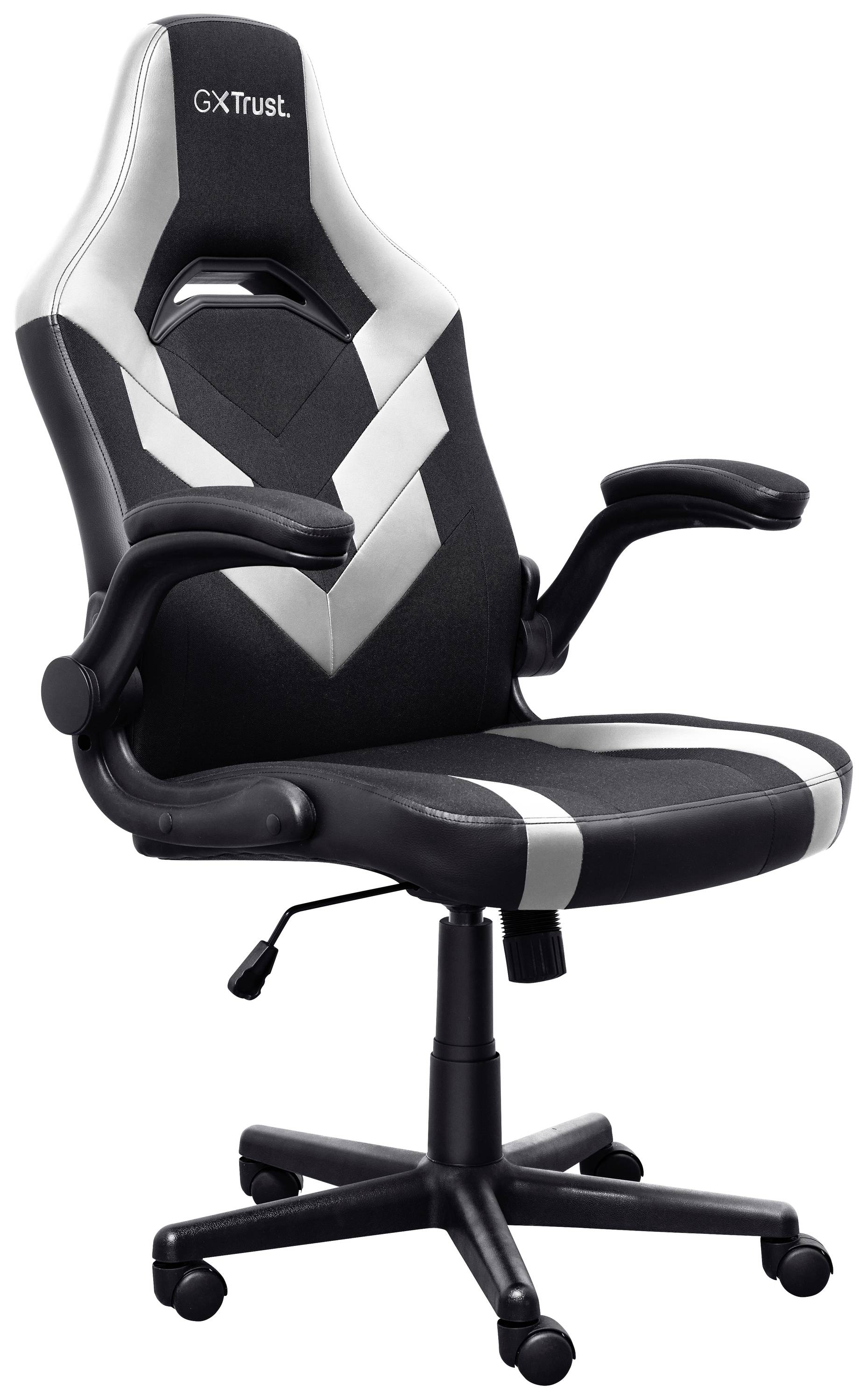Černá ergonomická herní židle s bílým V vzorem a nastavitelnými opěrkami rukou, ideální pro pohodlí a podporu při hraní.