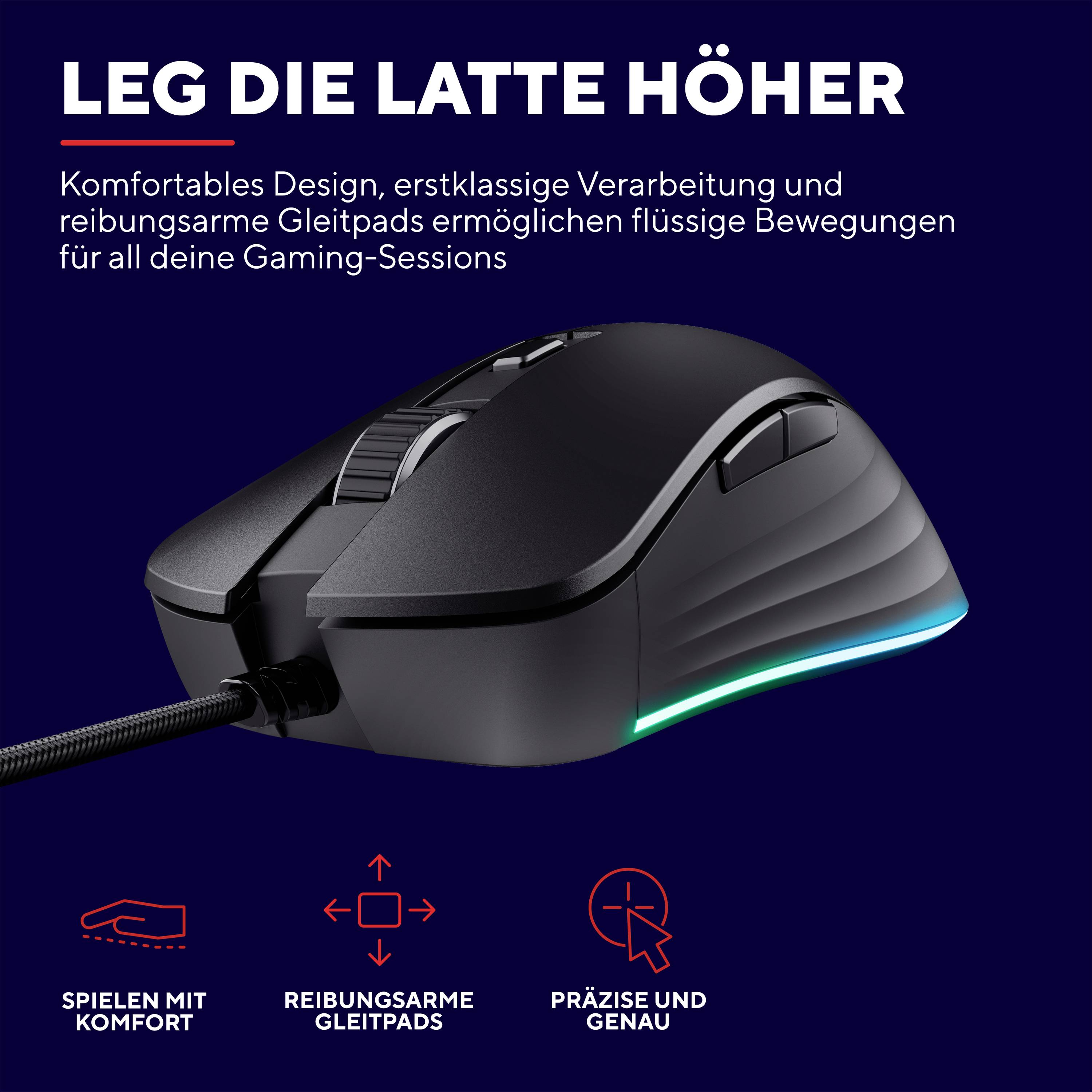 "Nastav laťku výš": Černá herní myš s kabelem, pohodlný design, hladké kluzné plochy a svítící RGB prvky.