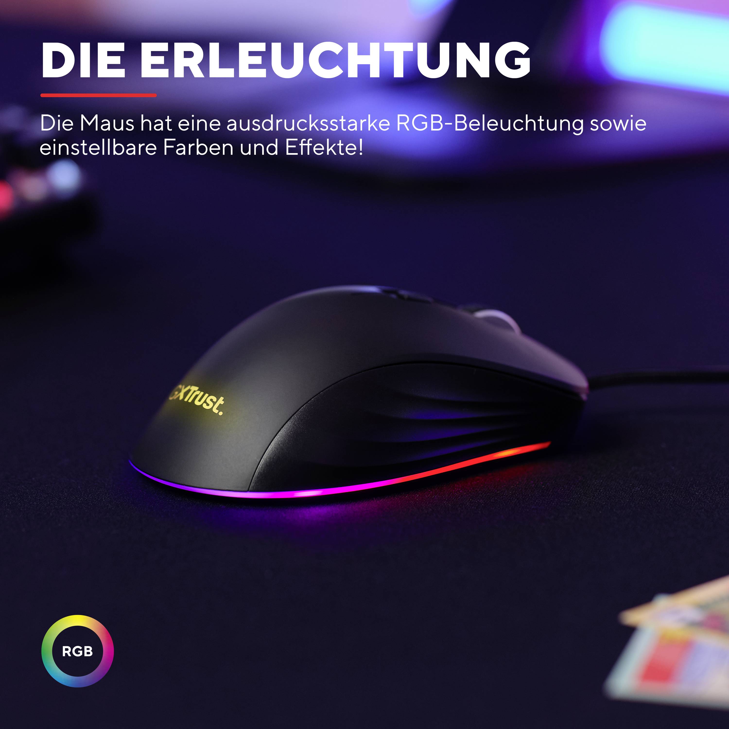 Reklama na počítačovou myš s RGB podsvícením. Text zdůrazňuje přizpůsobitelné barvy a efekty myši.
