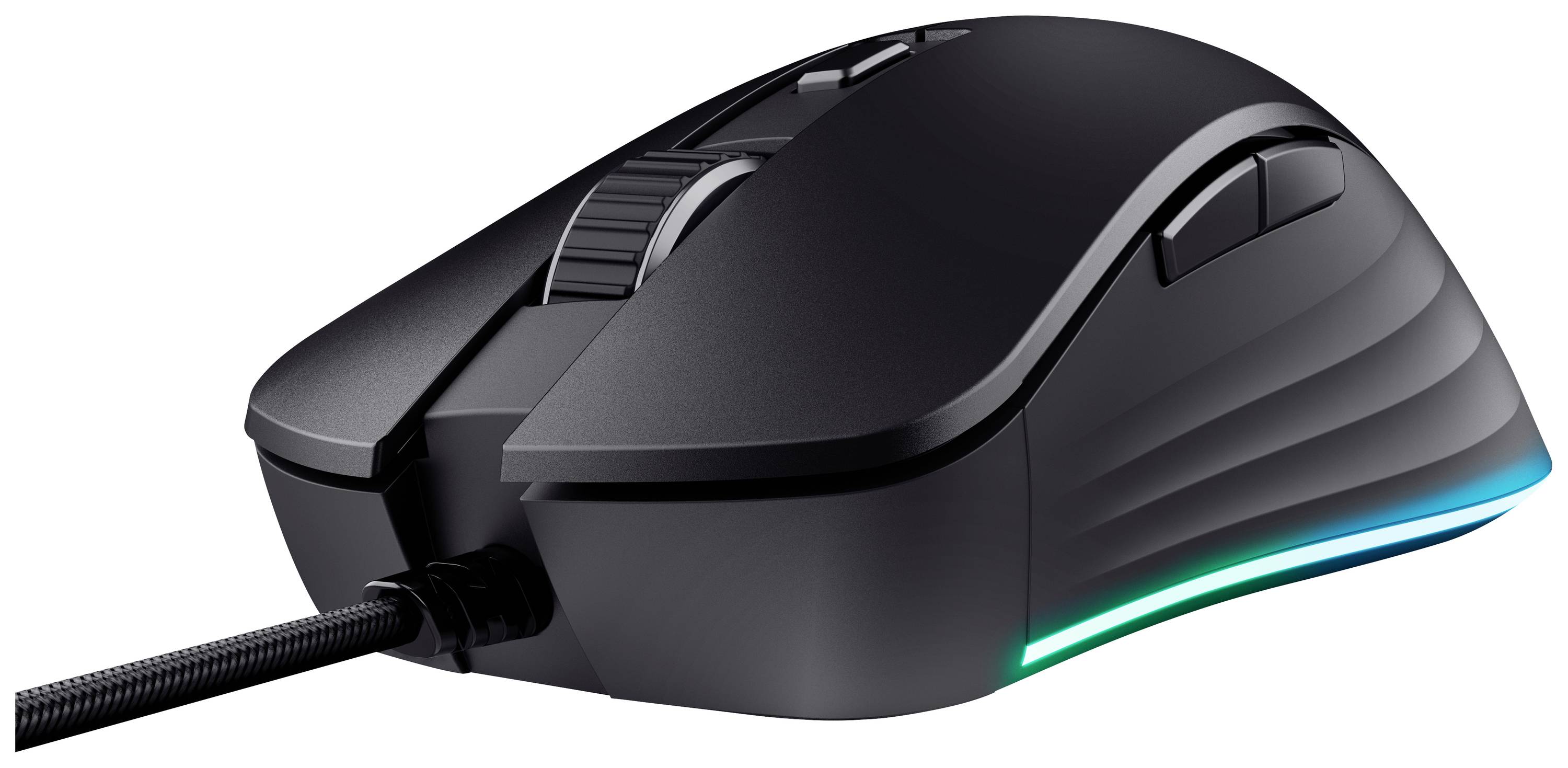 Černá počítačová myš s ergonomickým designem, osvětleným LED proužkem po straně a opletaným připojovacím kabelem.