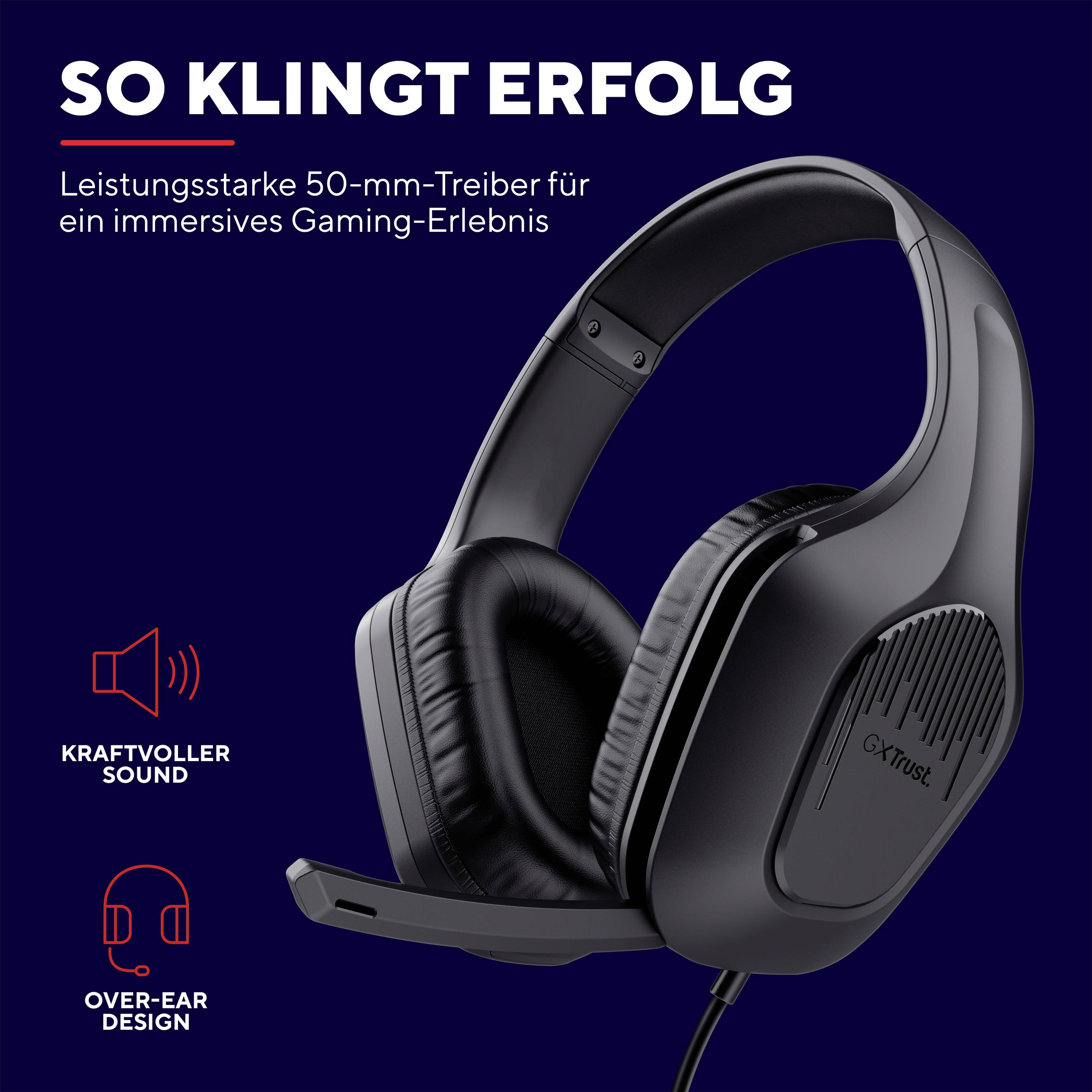 Herní sluchátka s mikrofonem na tmavě modrém pozadí. Text nahoře: 'Tak zní úspěch'. Prodejní argumenty: mohutný zvuk, over-ear design.