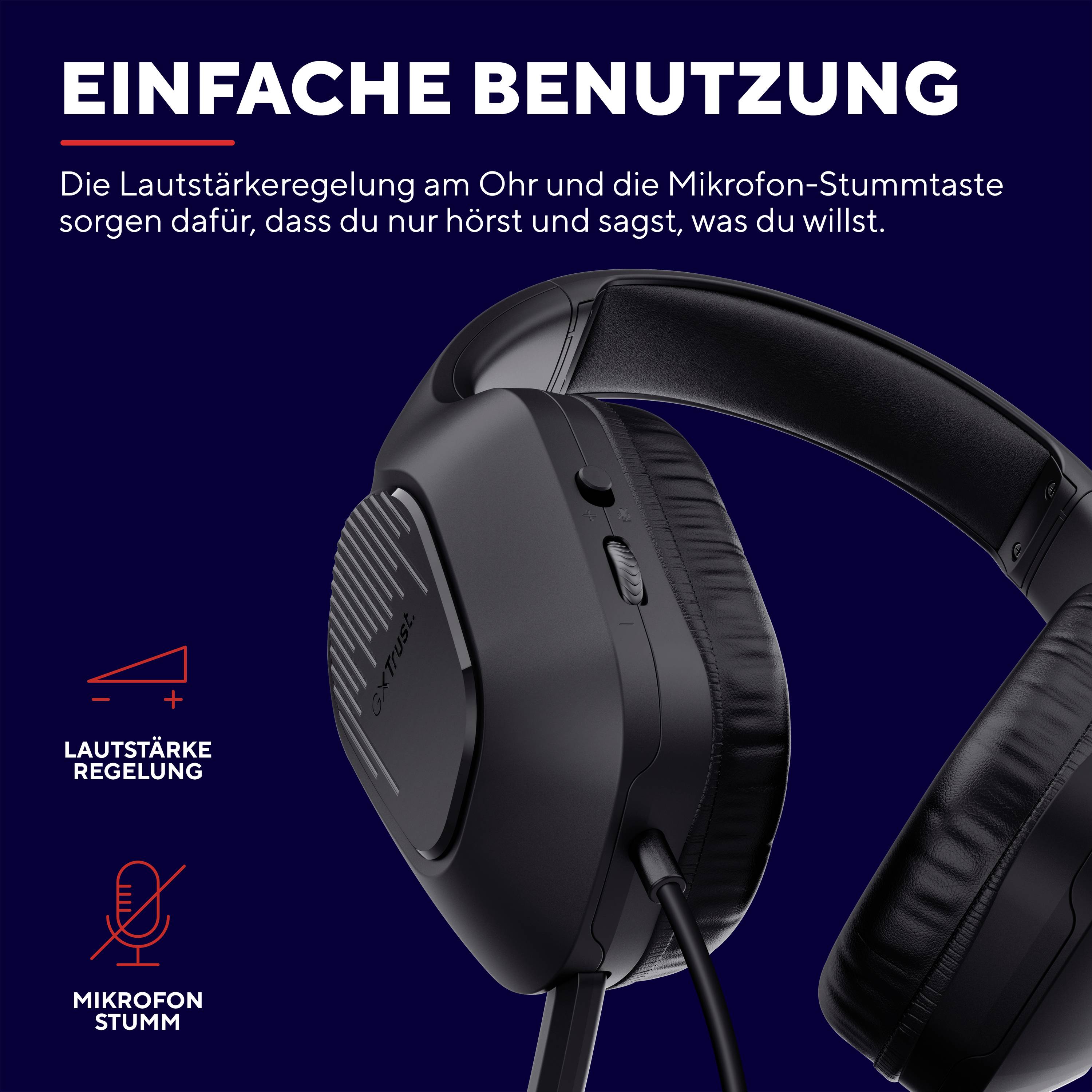 "Snadné ovládání" je napsáno nahoře. Níže je zobrazen headset. Vlevo jsou symboly pro hlasitost a mikrofon s popisky.