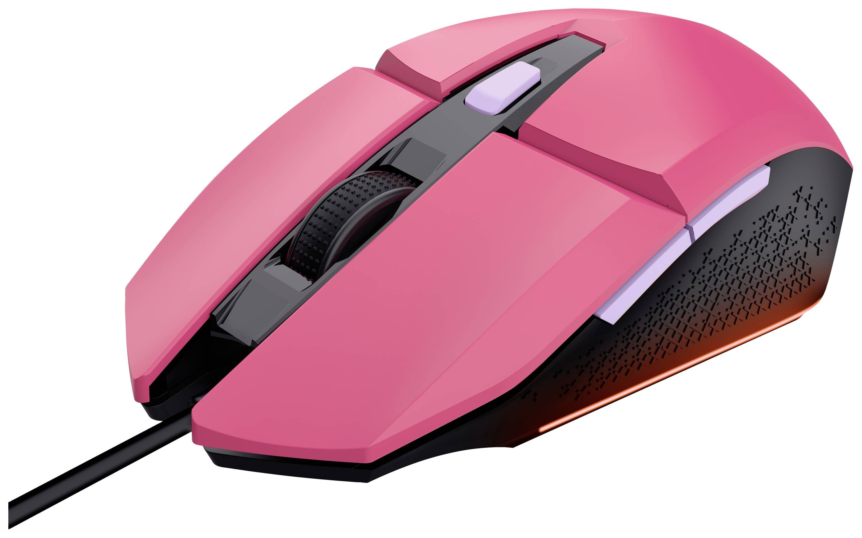 Růžová, kabelová počítačová myš s ergonomickým designem a černým kolečkem, vhodná pro hraní her.