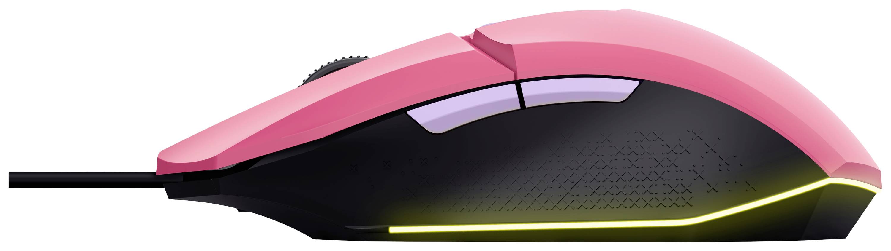 Bezdrátová ergonomická počítačová myš v zářivě růžové barvě s žlutým LED podsvícením na spodní straně, pohled z boku.
