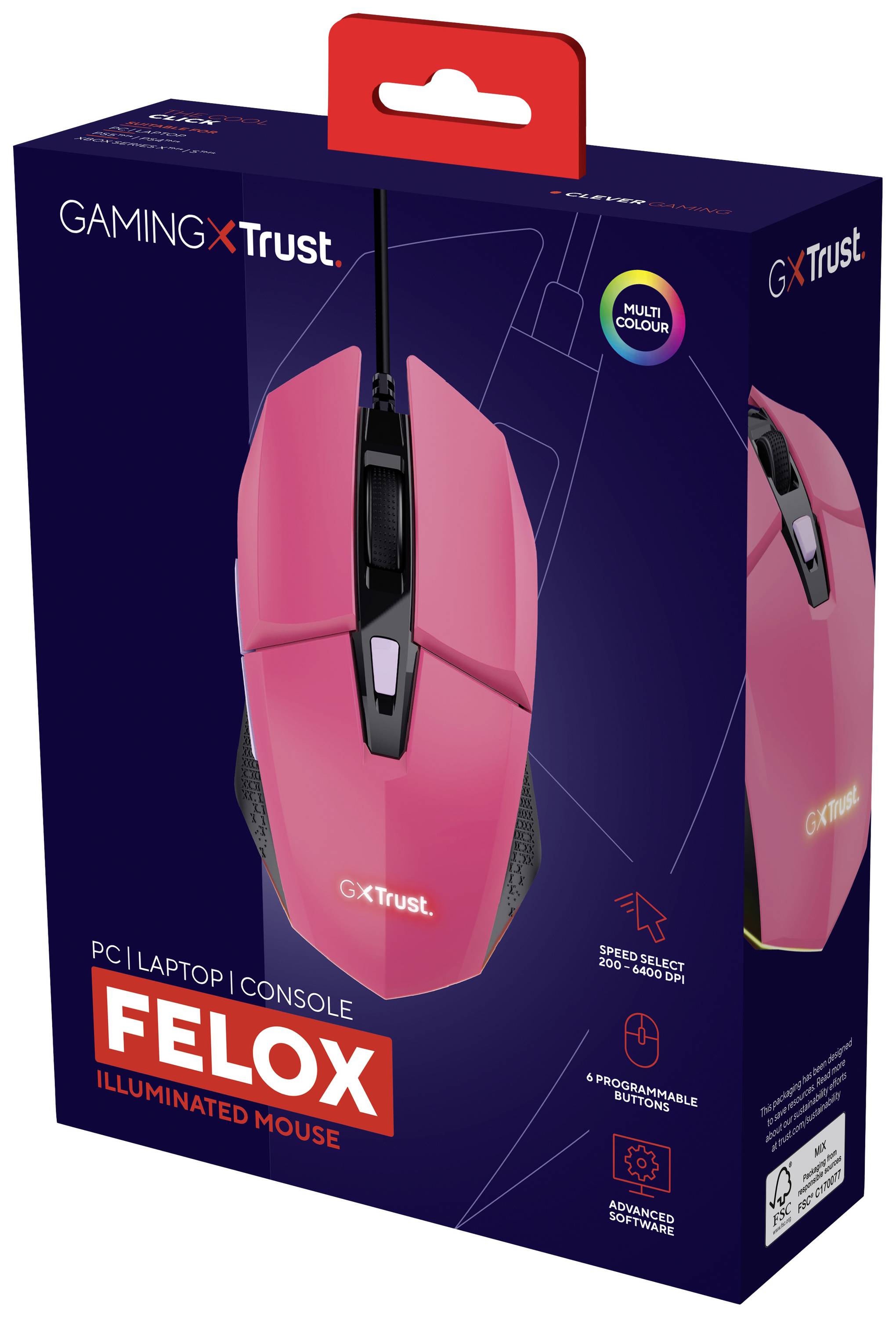 Herní myš Felox od Trust v zářivě růžové barvě s RGB podsvícením. Vhodná pro PC, laptop a konzole, šest programovatelných tlačítek.
