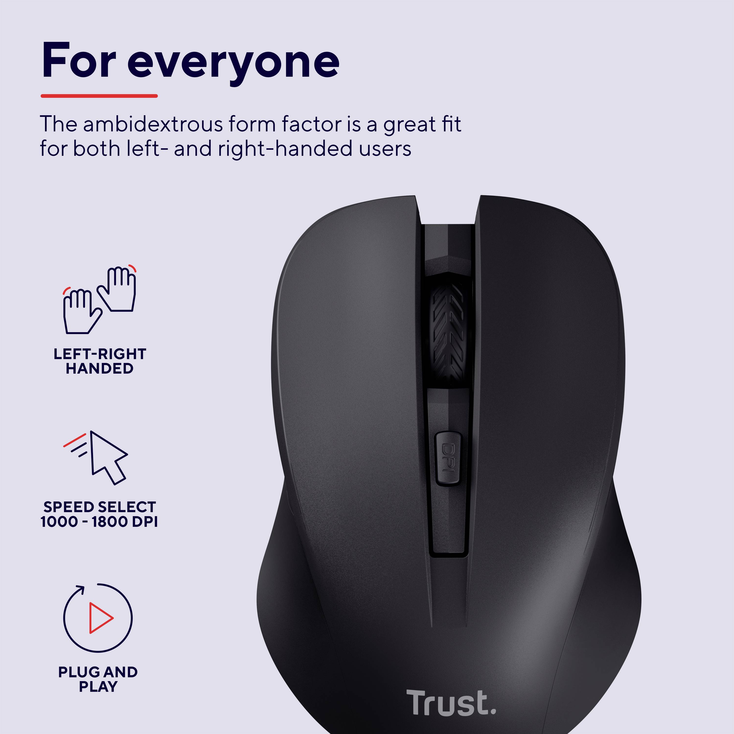 Pohled shora na černou myš vhodnou pro praváky i leváky. Volba DPI od 800 do 1600. Funkce plug-and-play.