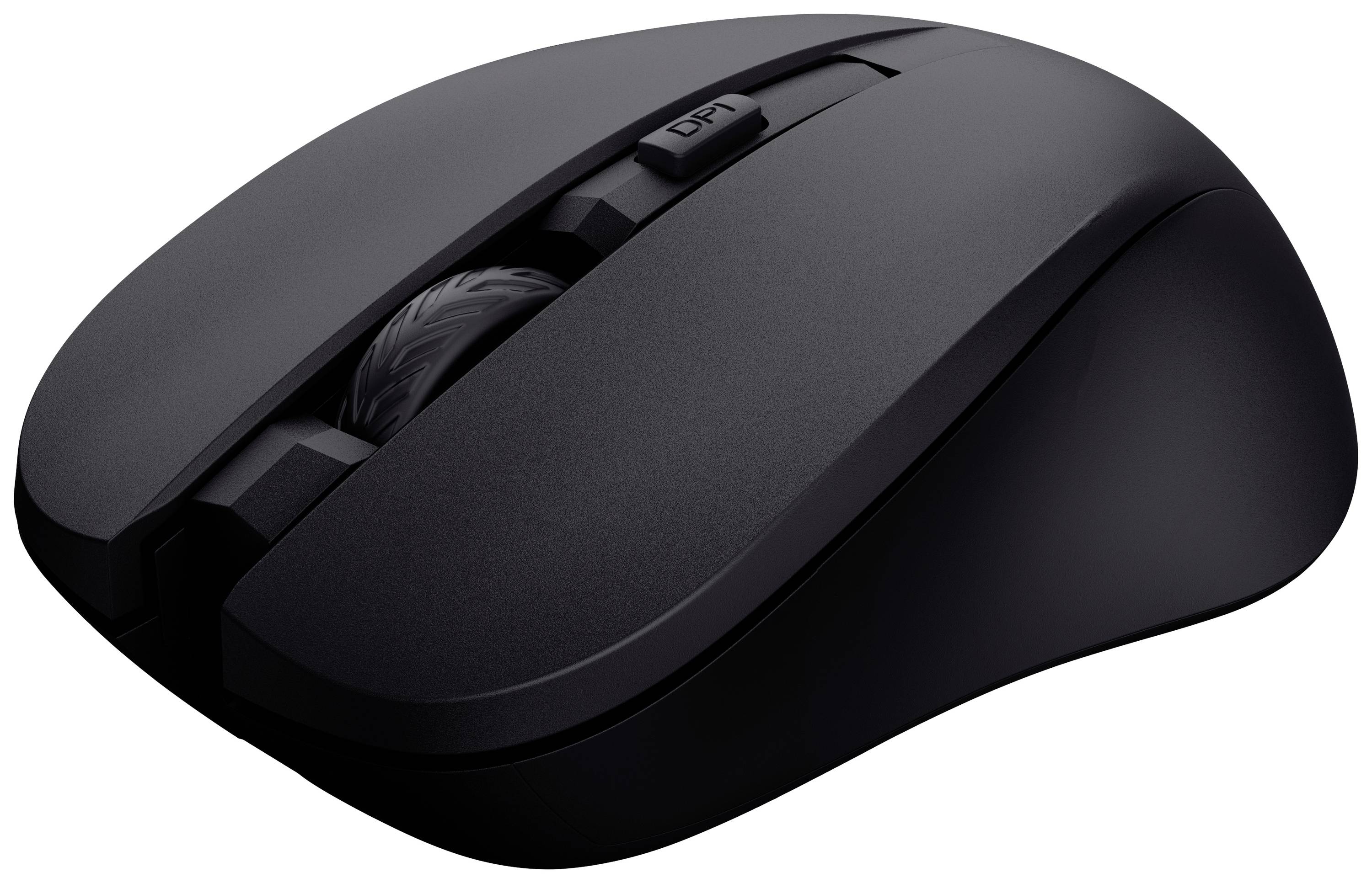 Černá bezdrátová počítačová myš s rolovacím kolečkem a přepínačem DPI nahoře. Moderní, minimalistický design.