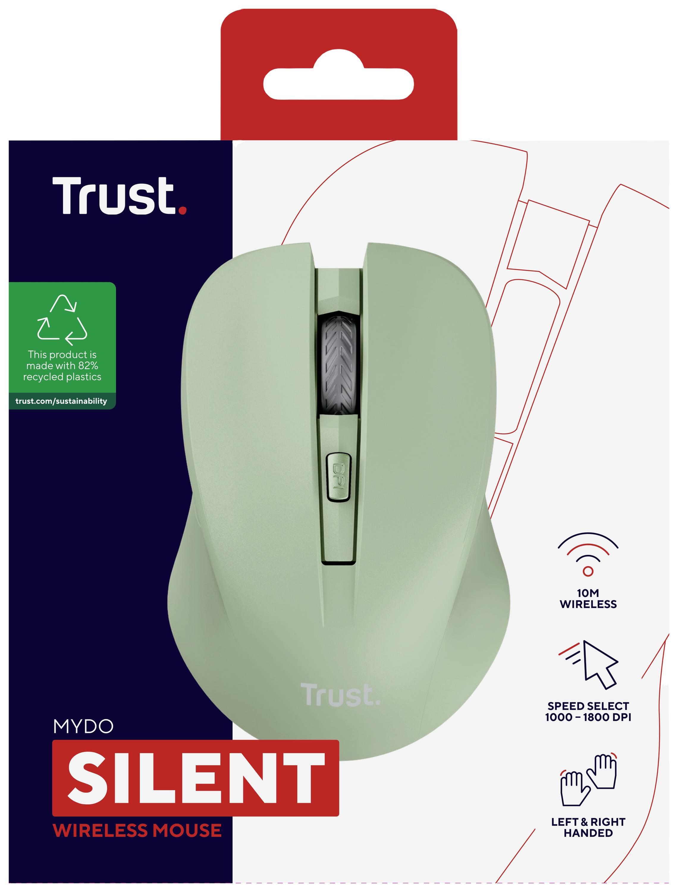Bezdrátová myš od značky Trust, model 'Mydo Silent', v zelené barvě. Balení ukazuje funkce jako dosah 10 m a tiché tlačítka.