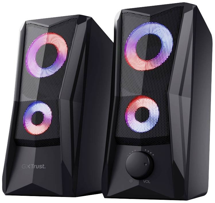 Černé reproduktory s osvětlenými barevnými LED prstenci a ovládáním hlasitosti. Design působí futuristicky.