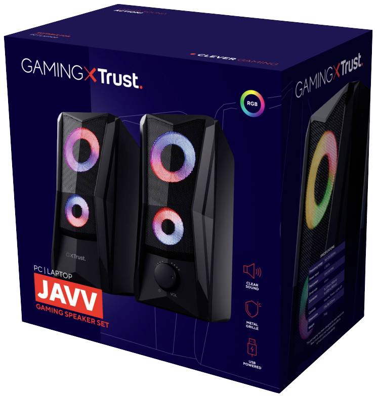Balení sady reproduktorů 'Gaming X Trust' PC/Laptop JAVV. Zobrazuje dva černé reproduktory s RGB podsvícením. Vhodné pro gaming.