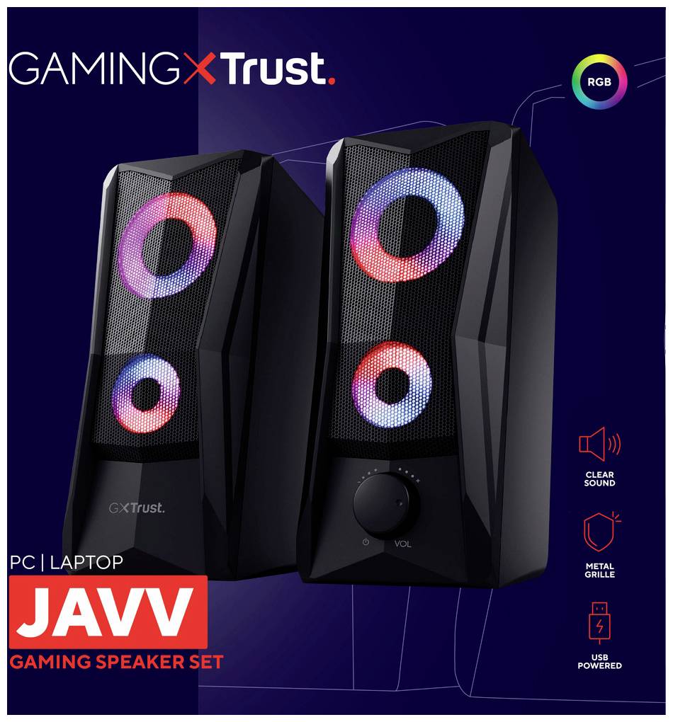 Herní reproduktory Gaming Trust PC/Laptop Javr se sadou reproduktorů s RGB podsvícením, čistým zvukem a kovovým mřížováním. Napájení přes USB.