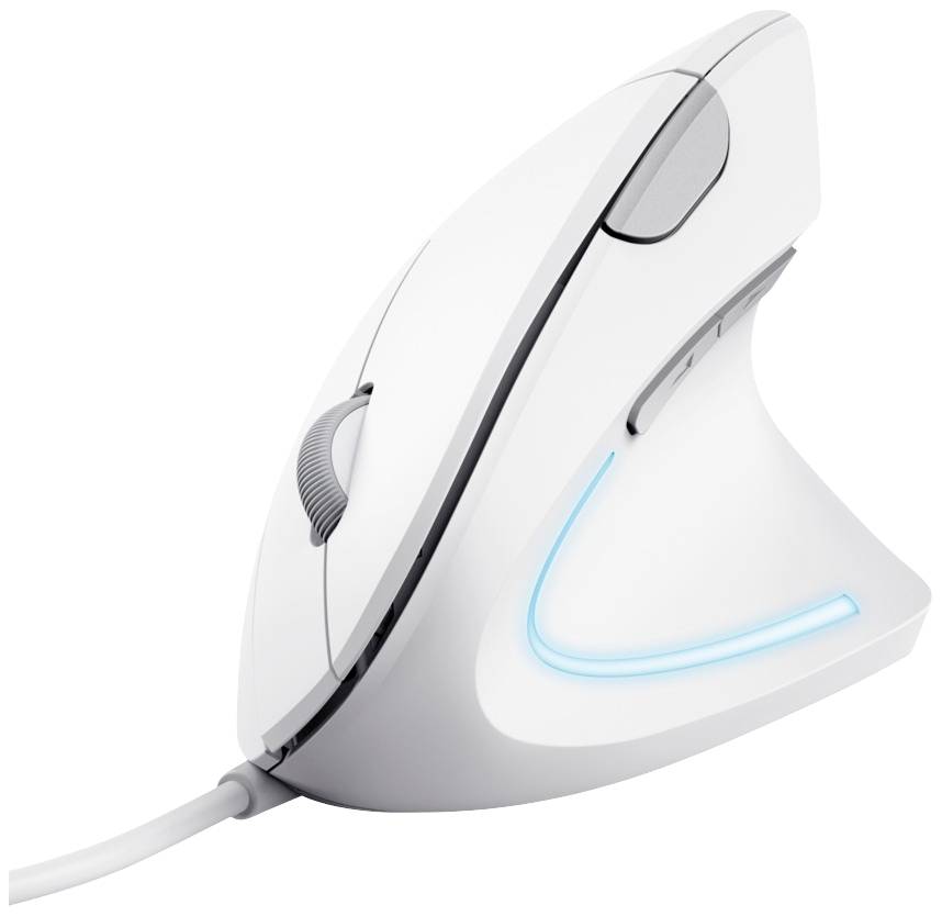Ergonomická vertikální počítačová myš v bílé barvě s modrou LED podsvícením, vhodná pro snížení namáhání zápěstí.