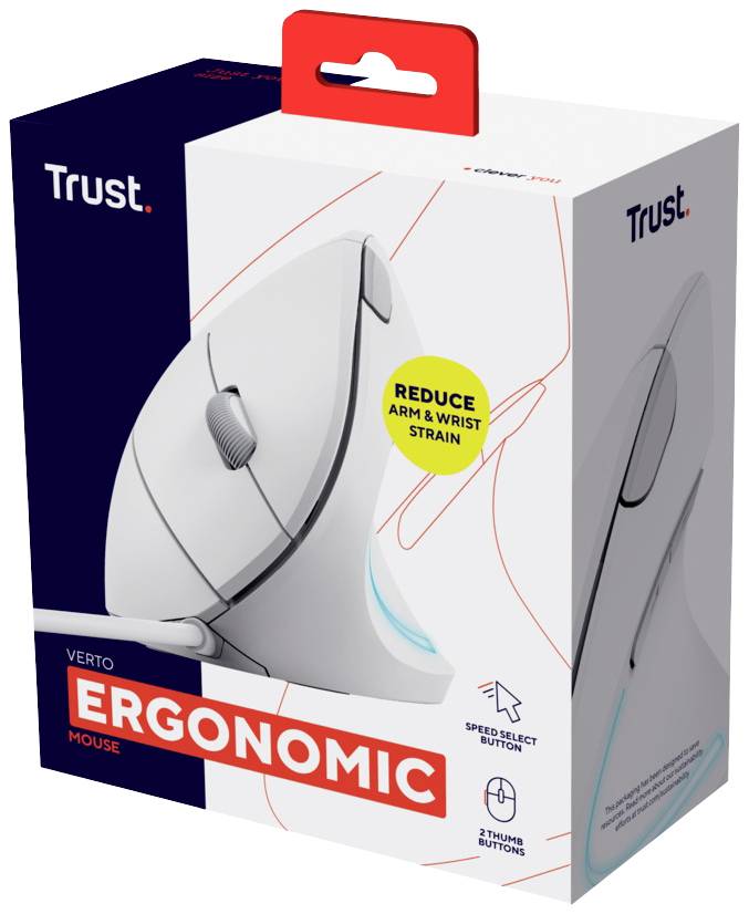 Obal ergonomické myši od společnosti 'Trust'. Ukazuje design myši a zdůrazňuje snížení zátěže paže a zápěstí.