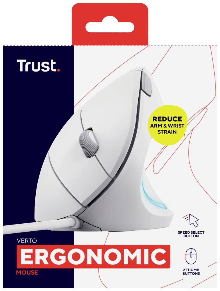 Ergonomická vertikální myš od Trust, optimalizovaná pro snížení namáhání paže a zápěstí, s tlačítky pro palec a tlačítkem pro nastavení rychlosti.