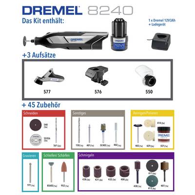 Sada Dremel 8240: Obsahuje Dremel 12V3Ah, nabíječku, 3 nástavce (577, 576, 550) a 45 příslušenství pro řezání, leštění a další činnosti.