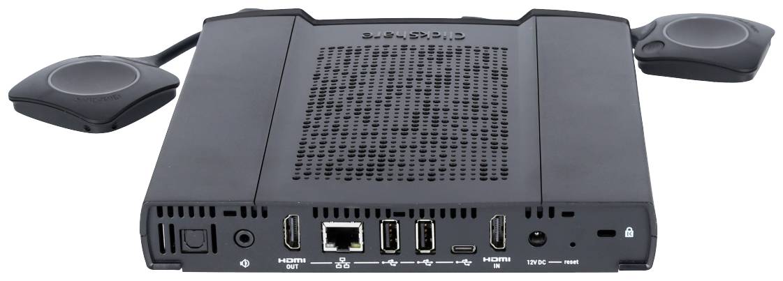 Zařízení s připojovacími porty pro HDMI, Ethernet a USB, zobrazené zezadu. Vypadá, že je určeno pro konferenční nebo prezentační účely.