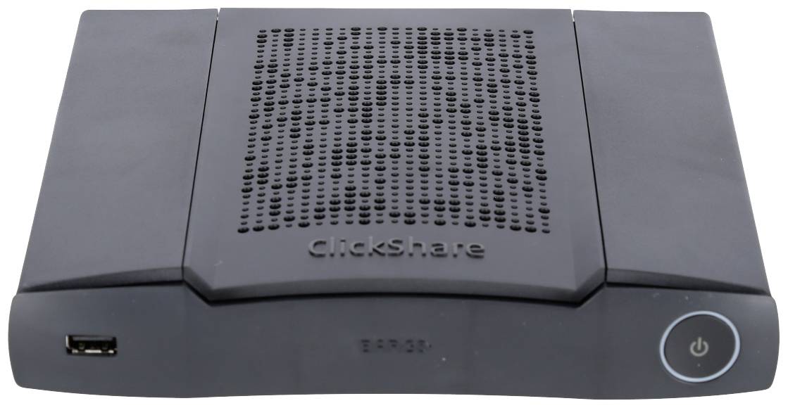 Černé zařízení ClickShare se štěrbinami pro větrání a síťovým vypínačem na přední straně. Na levé straně se nachází USB port.