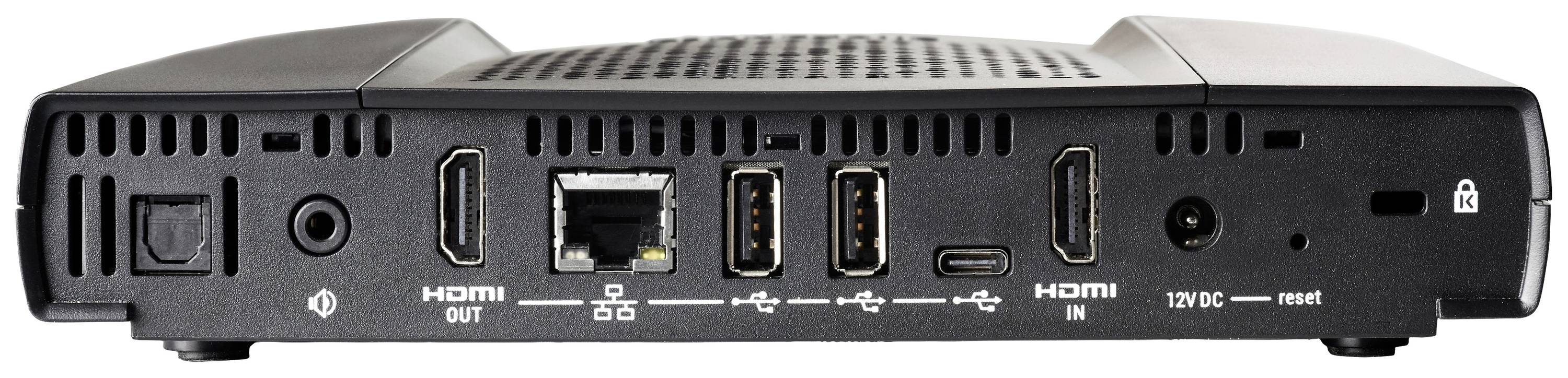 Černý router s několika konektory: Ethernet, HDMI výstup, dva USB porty, USB-C, HDMI vstup, síťový port.