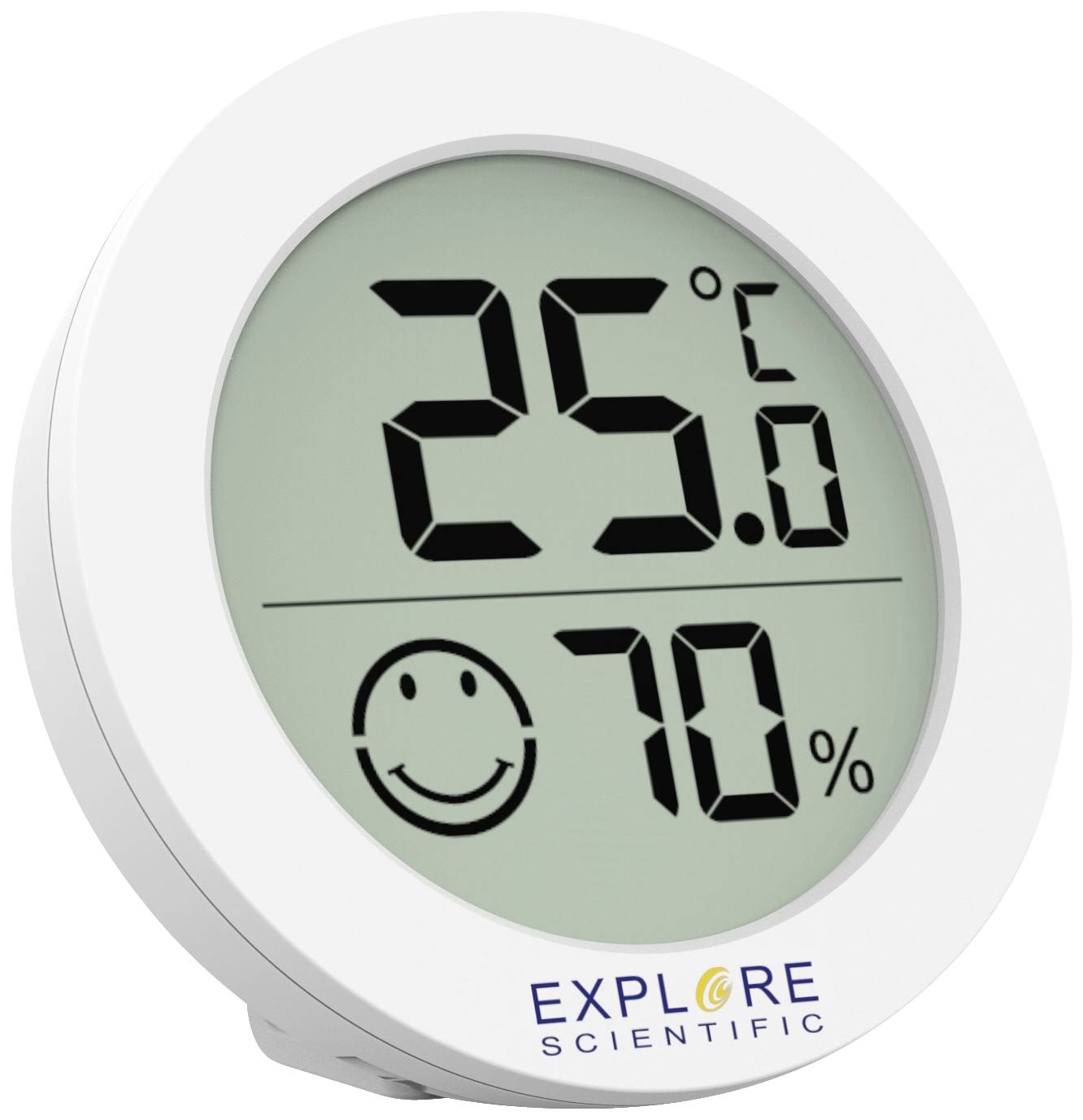 Digitální teploměr ukazuje '25°C' a vlhkoměr ukazuje '70%' s úsměvem na displeji.