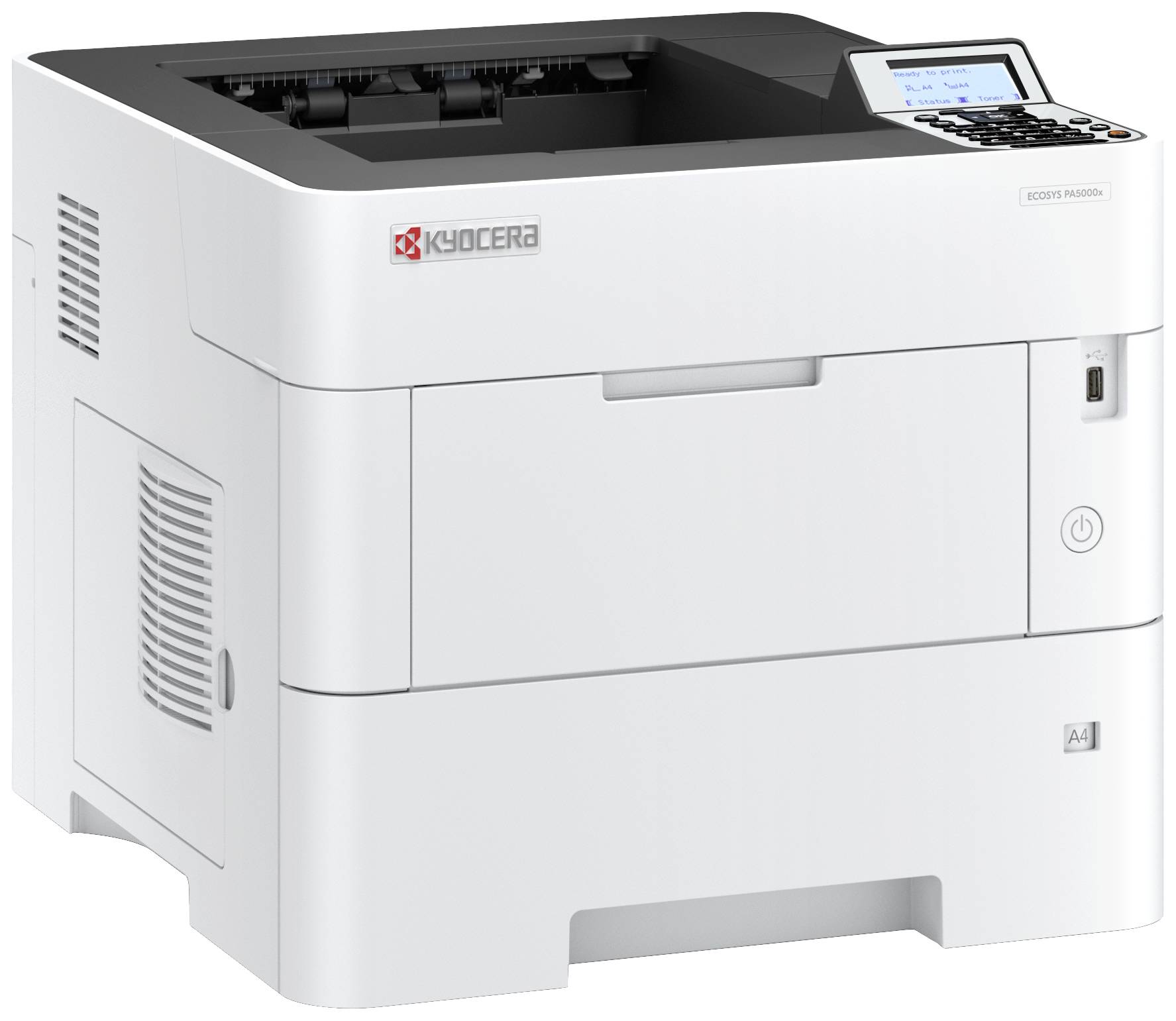 Bílá tiskárna Kyocera stojí z boku, s displejem a zapínacím tlačítkem ve viditelné poloze. Má čtvercový design s papírovým zásobníkem umístěným dole.