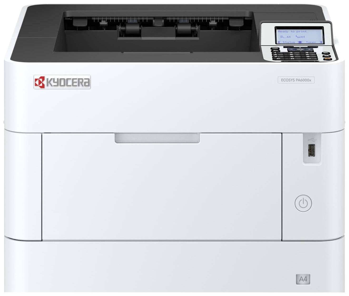Bílá tiskárna značky Kyocera, model ECOSYS P2040dn, s ovládacím panelem a USB portem na přední straně.