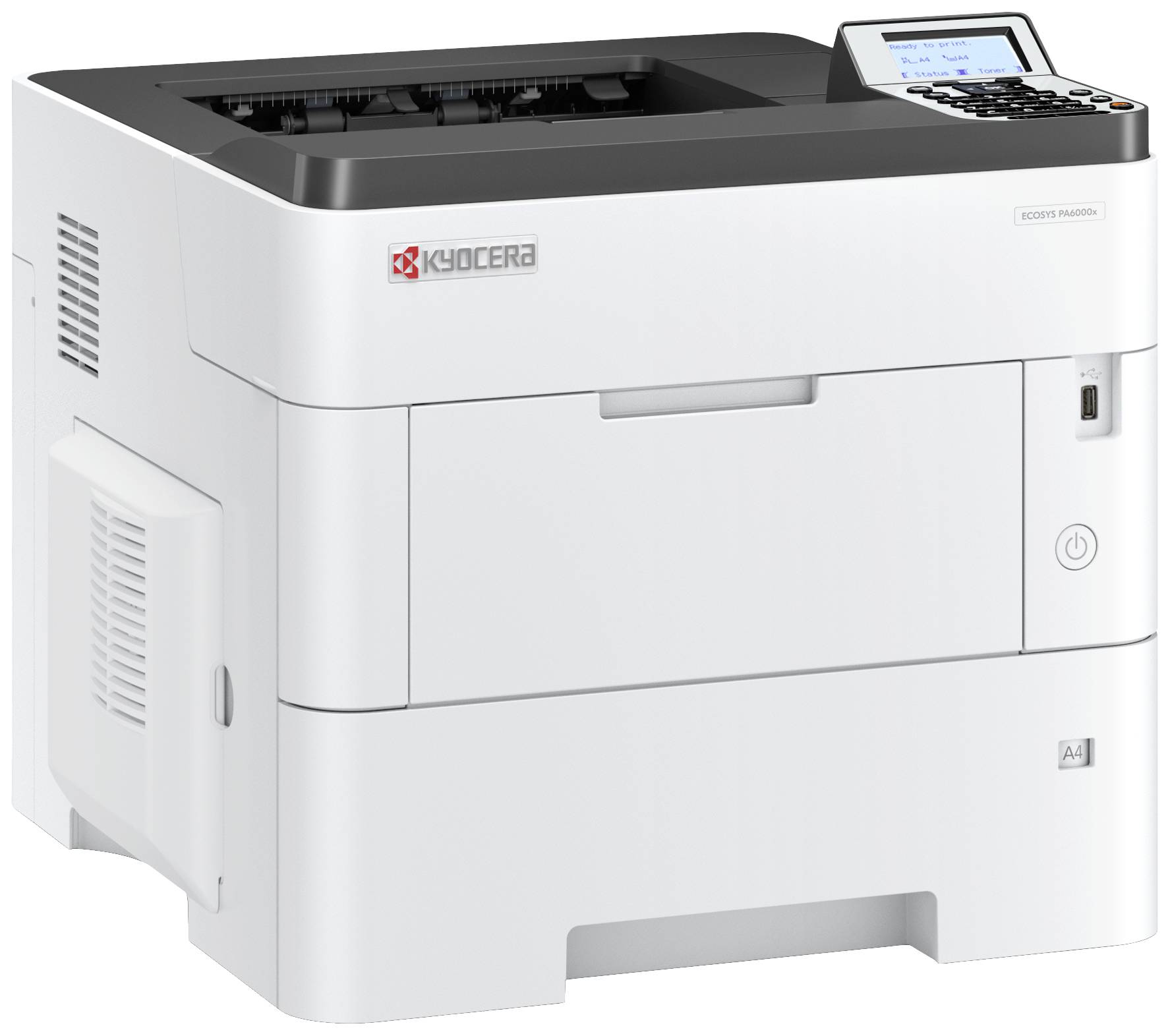 Bílá tiskárna Kyocera, model ECOSYS P4040dn, s digitálním displejem a spodním zásobníkem papíru, vhodná pro tisk formátu A4.