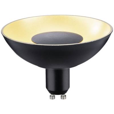 Černozlatá LED lampa se širokým, reflexním stínidlem a paticí GU10, vhodná pro akcentové osvětlení.