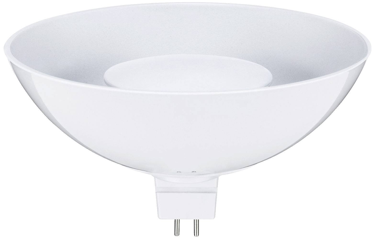 Kulatá, bílá LED žárovka se zásuvkou GU5.3. Žárovka má ploský, miskový povrch.