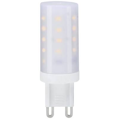 LED žárovka v cylindrickém tvaru s několika světelnými body na bílém pozadí, vhodná pro patice G9.