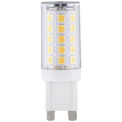 Bílá LED žárovka válcovitého tvaru s několika žlutými světelnými diodami, patice typ G923 V1.0, stojí vzpřímeně.