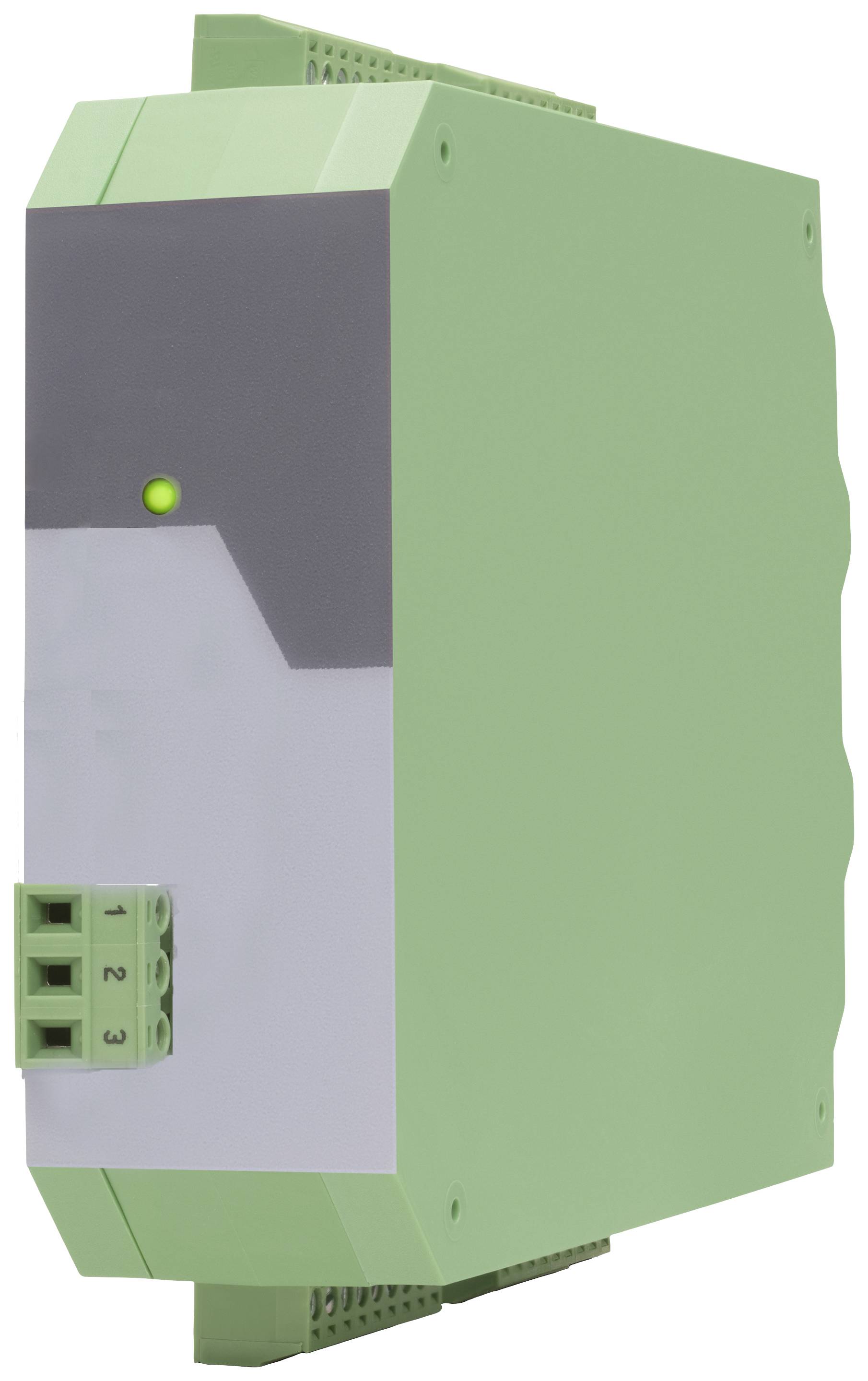 Zelené elektronické zařízení s LED displejem a třemi připojovacími svorkami, používané v průmyslových aplikacích.