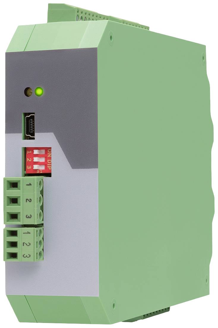 Zelené elektronické zařízení s konektorovými vstupy a LED displejem na přední straně, pravděpodobně průmyslový napájecí zdroj.