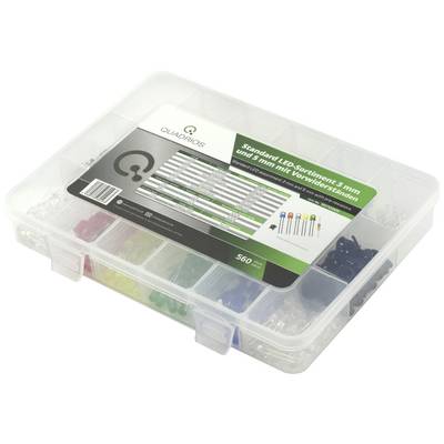 Plastový box s několika přihrádkami obsahuje různobarevné LED diody. Štítek na něm popisuje obsah jako sortiment LED.