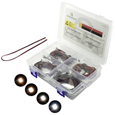 Průhledný úložný box s několika přihrádkami, naplněný LED komponenty a kabely. Na vnitřní straně víka jsou vytištěny pokyny.