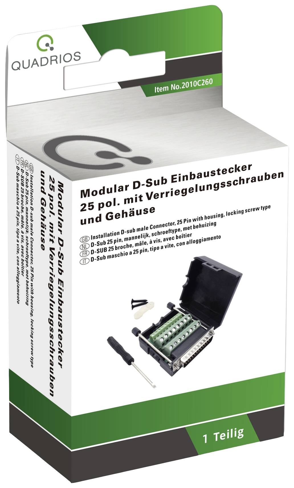 Balení konektoru 'Quadrios' pro modulární D-Sub zásuvný konektor, 25-pinový, s fixačními šrouby a krytem, včetně nástrojů.