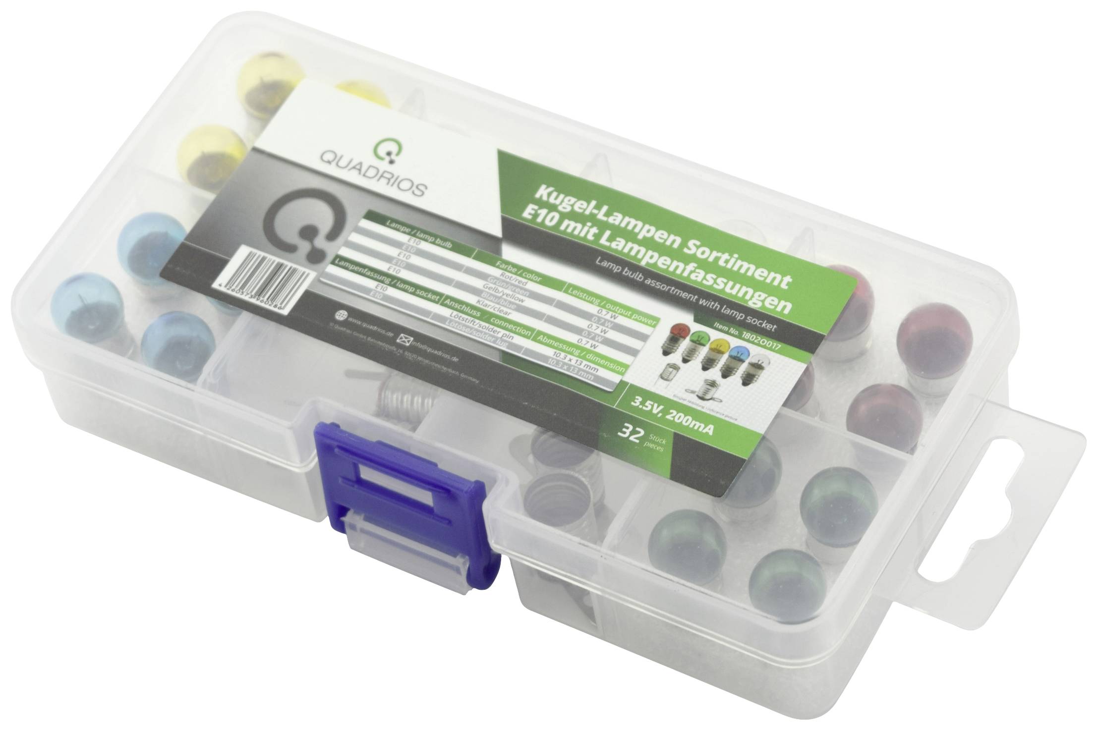 Plastová krabice s logem 'Quadrios' a sortimentem barevných žárovek E10. Potisk obalu zobrazuje popis žárovek.