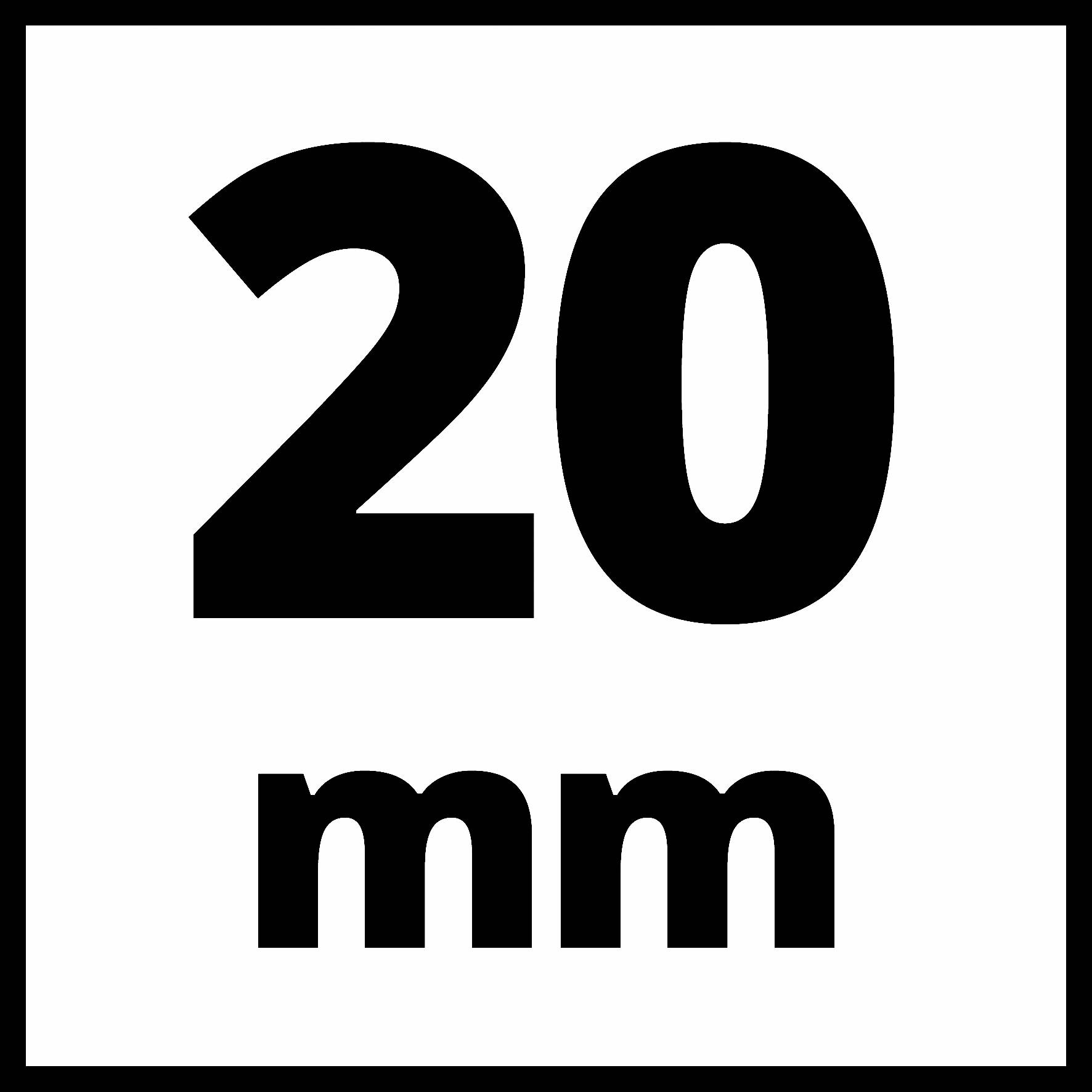 "20 mm" černým písmem na bílém pozadí, zobrazeno velkým písmem.