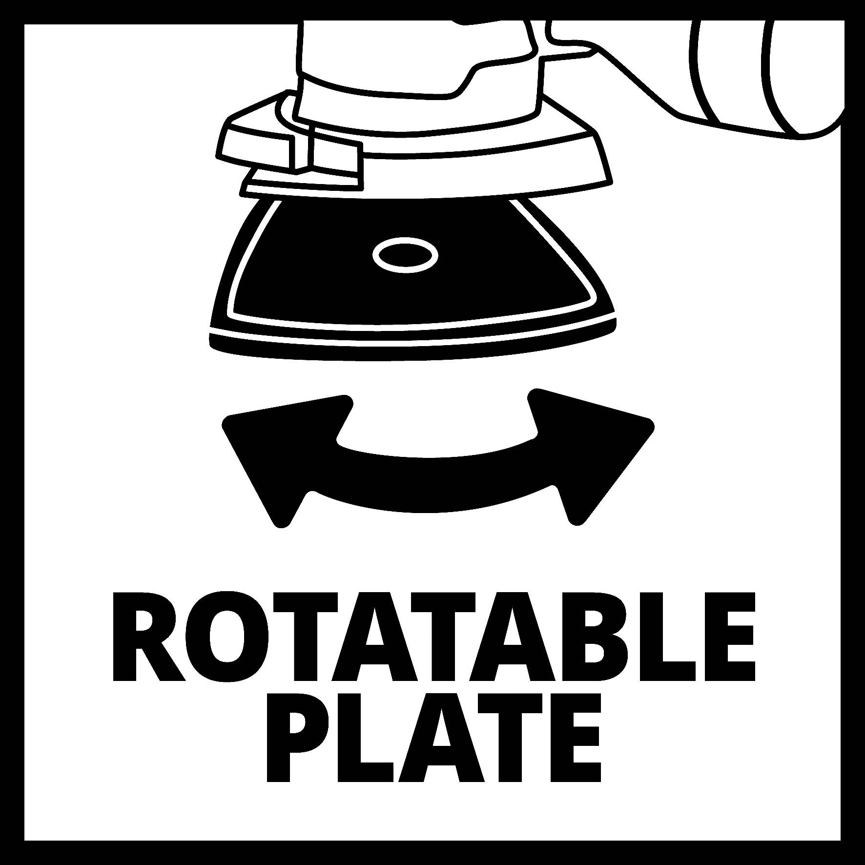 Symbol "Otočný talíř" zobrazuje rotující šipku pod kulatou nástavnou součástí nástroje.