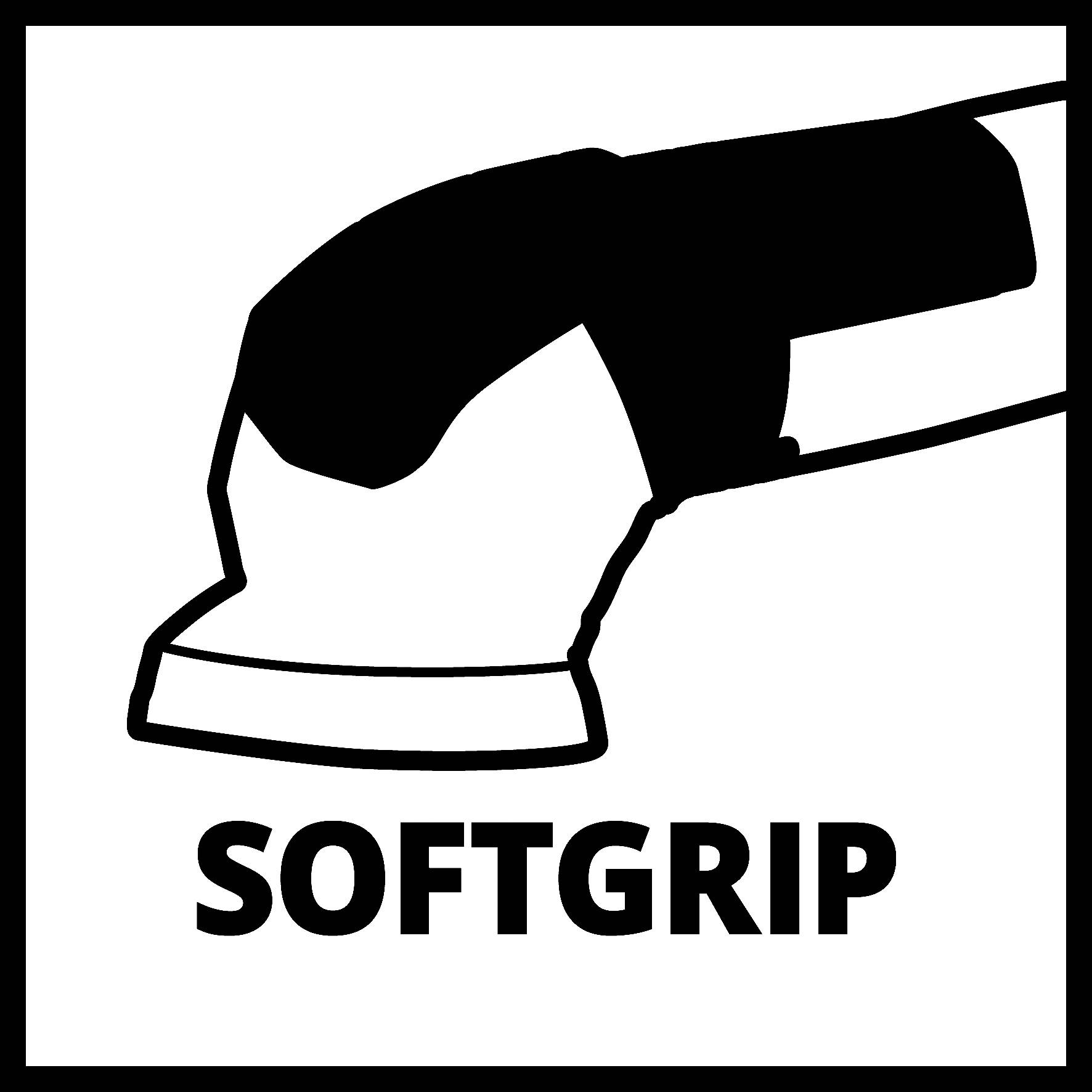 Symbol 'SoftGrip', stylizovaný obrázek nástroje s ergonomickou rukojetí, který naznačuje pohodlné ovládání díky měkkým úchopům.