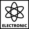 Symbol atomu nad slovem ELECTRONIC, černobílý piktogram.