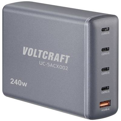 Šedá nabíječka značky Voltcraft o výkonu 240W s čtyřmi USB porty: třemi USB-C a jedním USB-A, model UC-5ACX002.