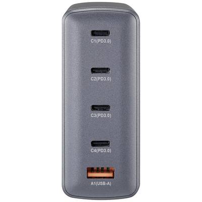 Nabíjecí adaptér se čtyřmi USB-C porty, označenými jako 'C1(PD3.0)', 'C2(PD3.0)', 'C3(PD3.0)', 'C4(PD3.0)', a jedním USB-A portem, označeným 'A1(USB-A)'.