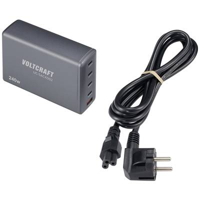 Šedý napájecí zdroj od firmy Voltcraft s modelem UC-5ACQ02 o výkonu 240 W, vedle něj kabel elektrického napájení pro EU.