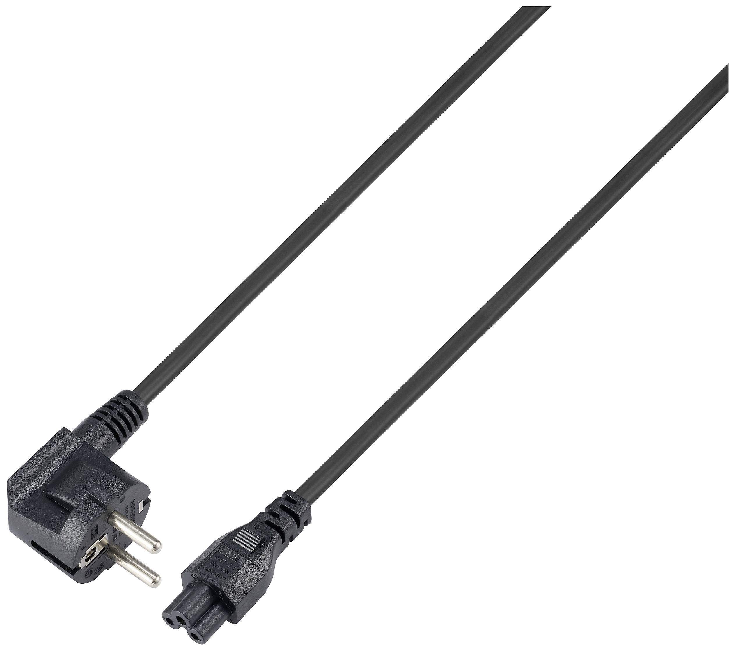 Černý síťový kabel s eurozástrčkou na levé straně a trojlístkovým konektorem na straně pravé, vhodný pro elektronická zařízení.