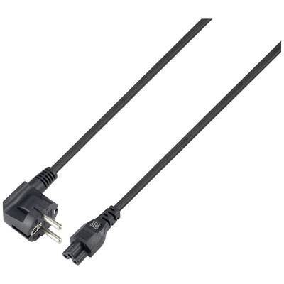 Černý síťový kabel s eurozástrčkou na levé straně a trojlístkovým konektorem na straně pravé, vhodný pro elektronická zařízení.