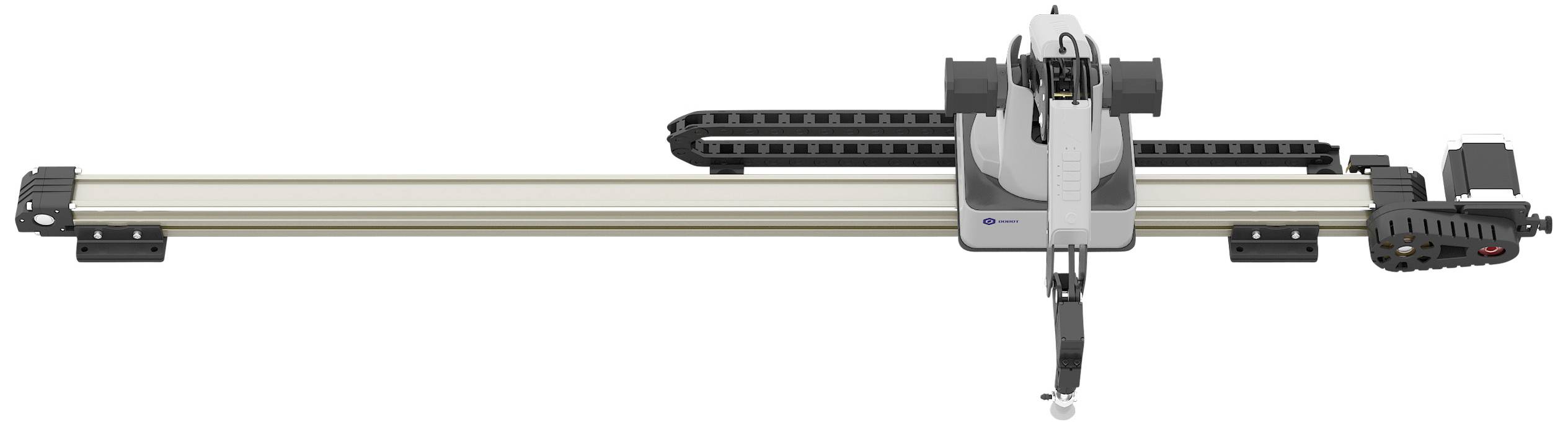 CNC strojní rameno namontované na kolejnici, připravené pro automatizovanou přesnou práci ve výrobním průmyslu.