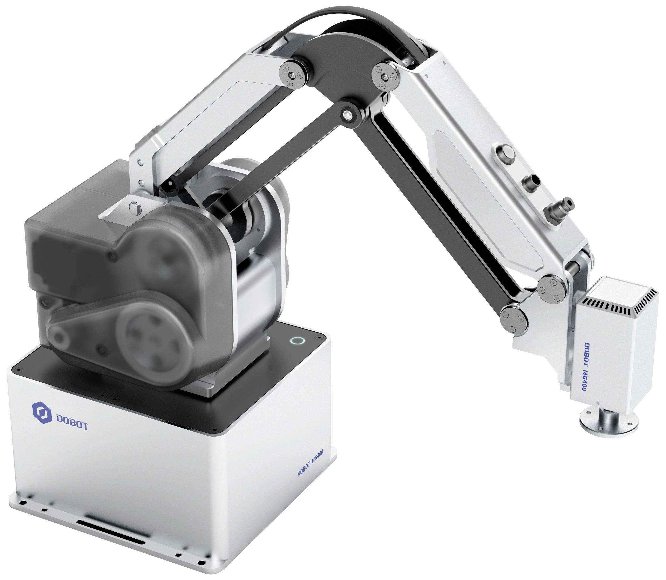 Průmyslové robotické rameno od Dobotu, stříbrné, namontované na bílém podstavci. Pohybuje se přesně pro výrobní nebo montážní procesy.