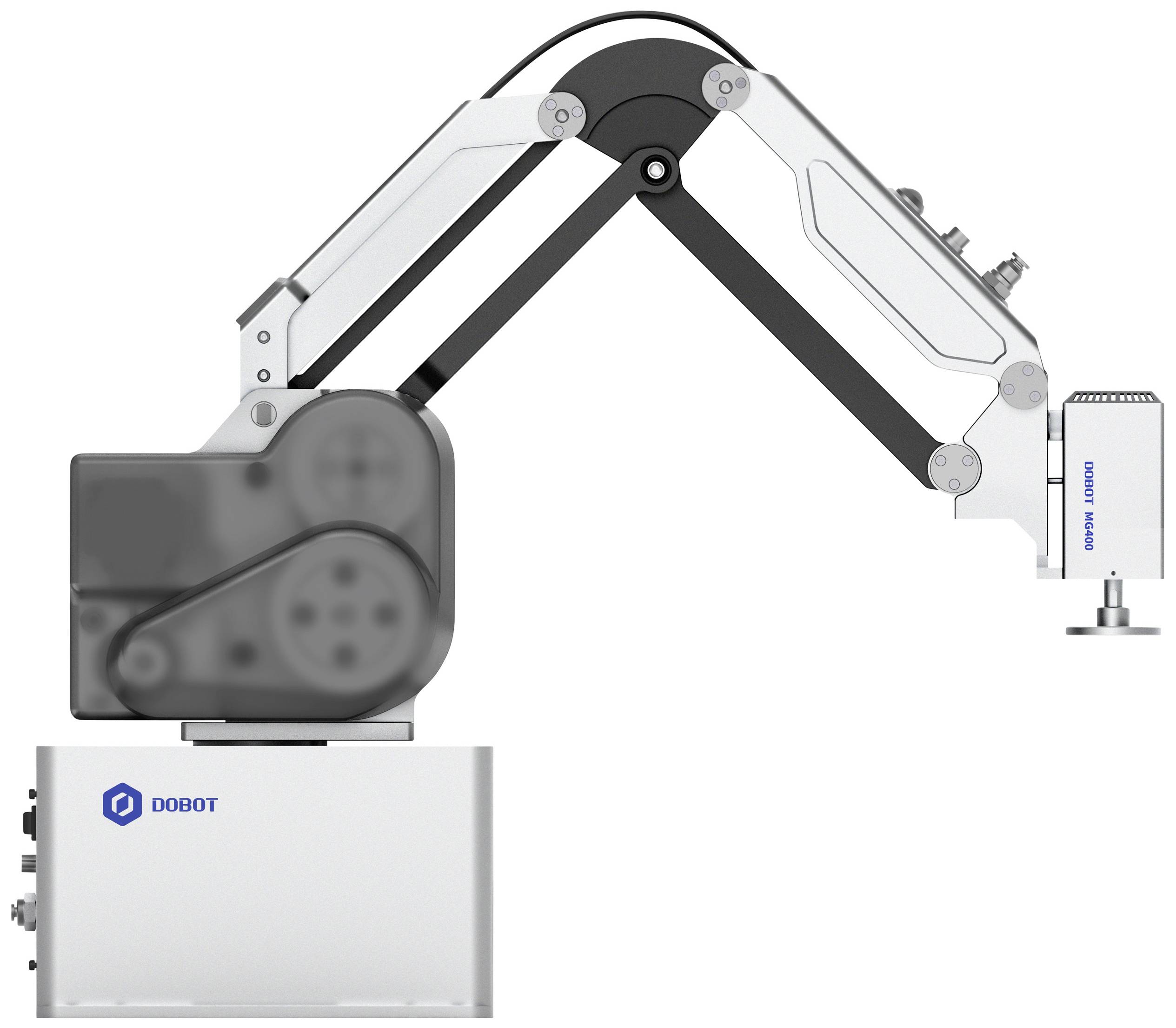 Průmyslové rameno robotu z pohledu z boku, zobrazující klouby a pohyblivost. Obchodní značka 'DOBOT' viditelná na základně ramene.